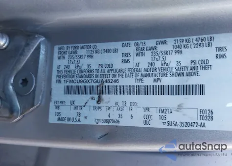 2016 Ford Escape Se z USA, uszkodzony, nr VIN 1FMCU9GX7GUA48246